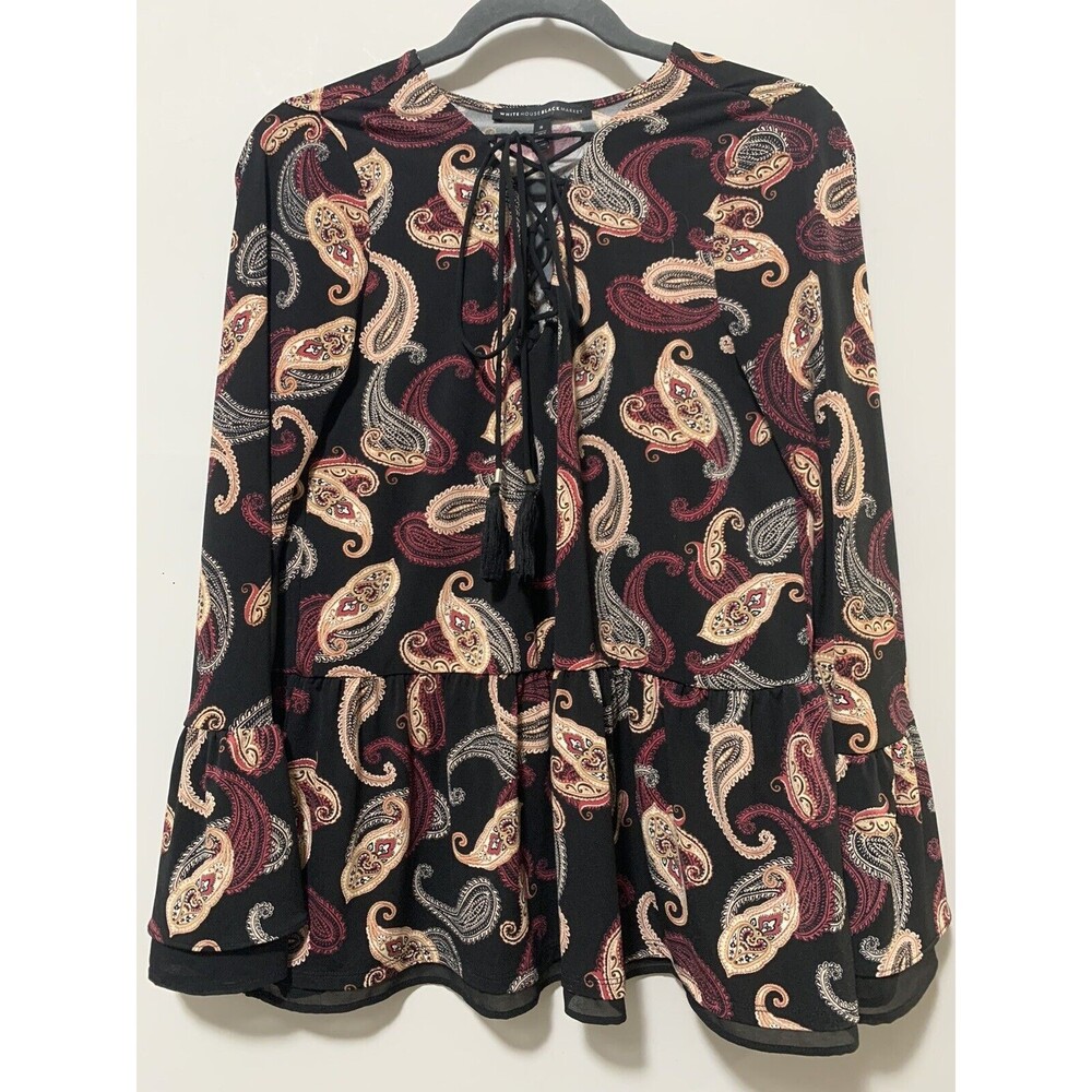 White House Black Market Women Small Paisley Boho Blouse Top Long Sleeve Shirt